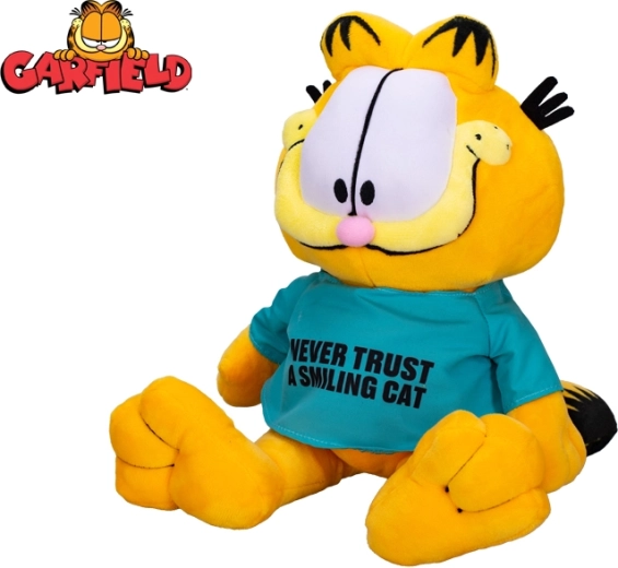 Pehme mängukass GARFIELD 28 cm – T-särk „Never trust a smiling cat“