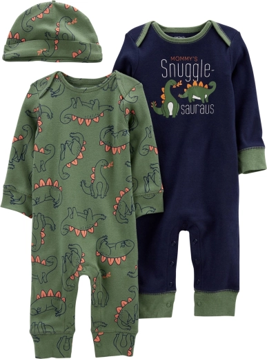 Carter's 3-osaline komplekt vastsündinule dino: 2× trukkidega jalgadeta sipupüksid (romper) ja müts