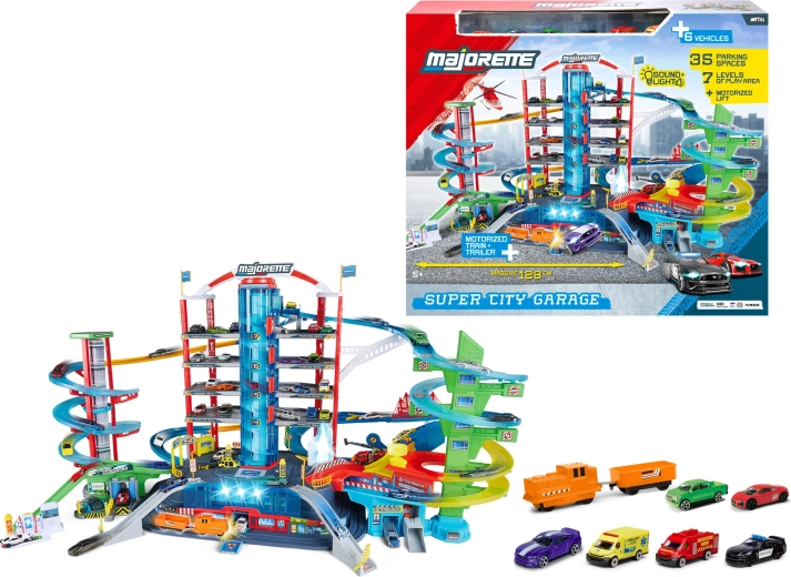 Majorette Super City Garage seven-level garage with 6 cars and a train
