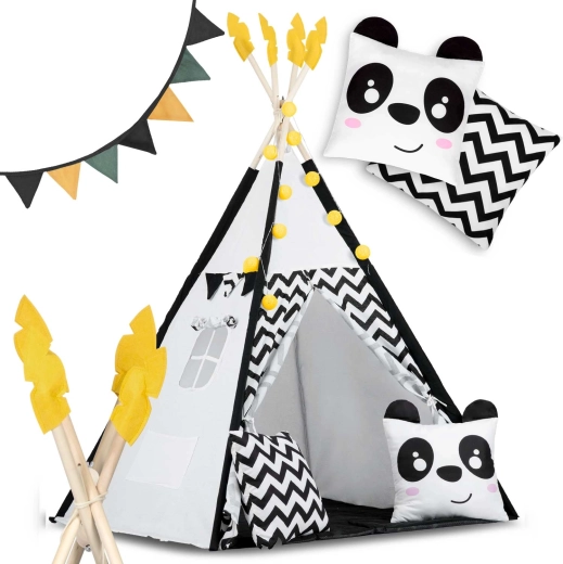 Laste tipi koos vaniku ja tulekestega Nukido – must-valge pandaga