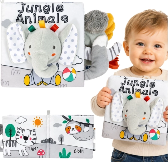 Soft sensory baby book with an elephant (crinkles, squeaks and rattles) grey