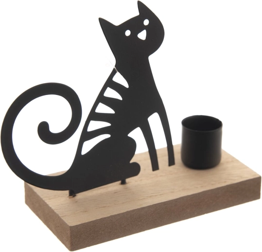 Wood and metal candle holder cat brown-black