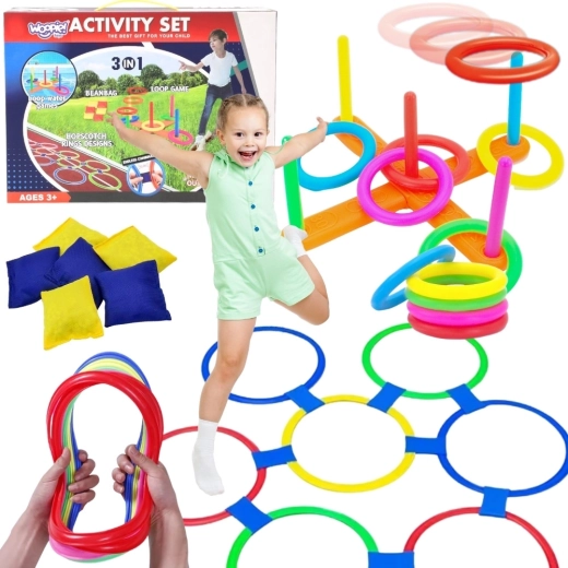 WOOPIE Outdoor 3-in-1 Game Set with Ring Toss, Cornhole and Hopscotch