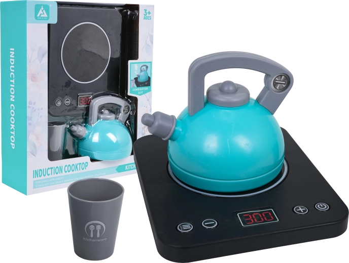 Interactive children's induction hob with kettle and cup