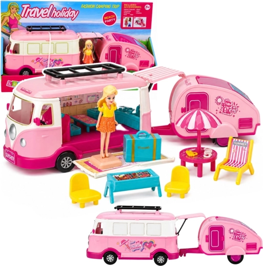 Pink travel camper with trailer, doll and camping equipment