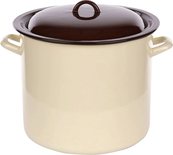 Silesia Rybnik enamel tall pot with lid 14.2 l, cream with dark interior