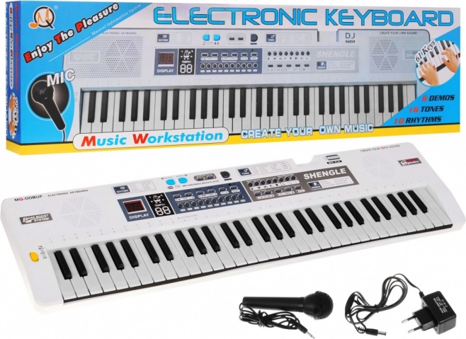 Valge laste klahvpillikomplekt mikrofoniga, salvestamise ja stereo-kõlaritega