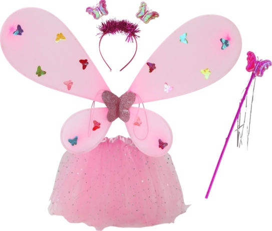 Roosa laste haldjas-liblikakostüüm valgustiibade ja tüllseelikuga