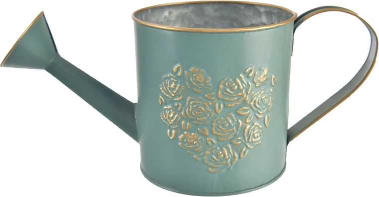Decorative metal watering can with heart, green and gold