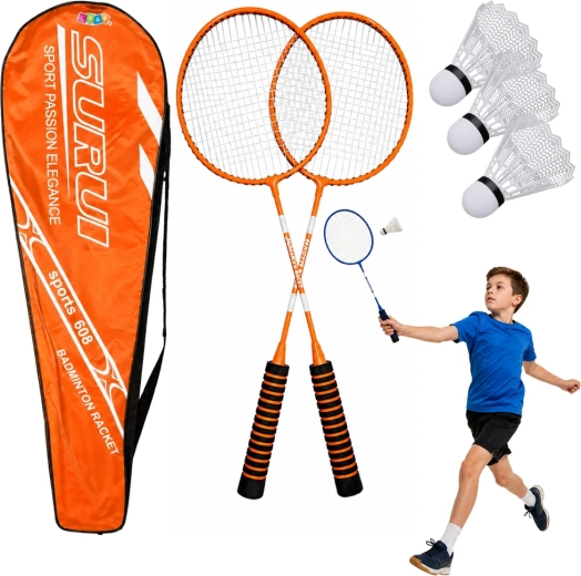 Badminton set with 2 rackets, 3 shuttlecocks and a case, orange