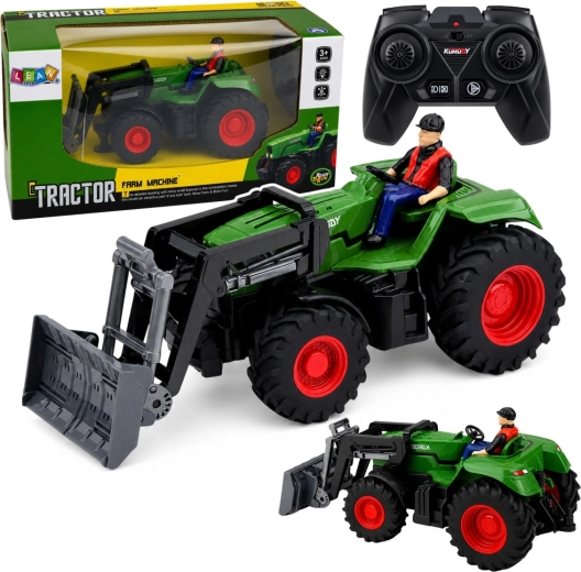 Kaugjuhitav RC-traktor esilaaduriga ja taluniku figuuriga 1:24