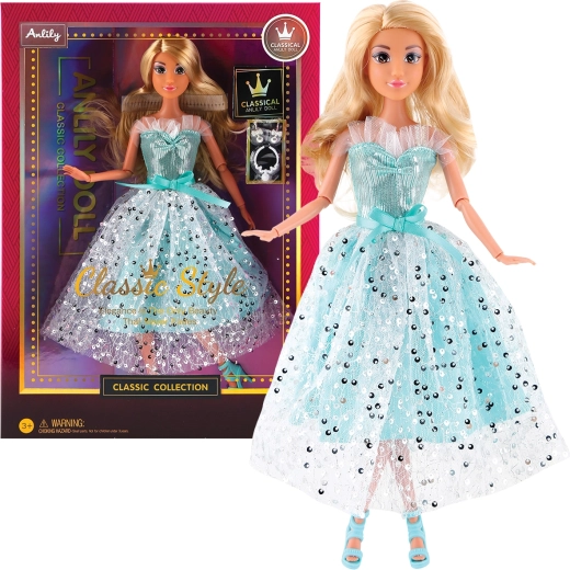 Fashion doll in a long light blue evening dress