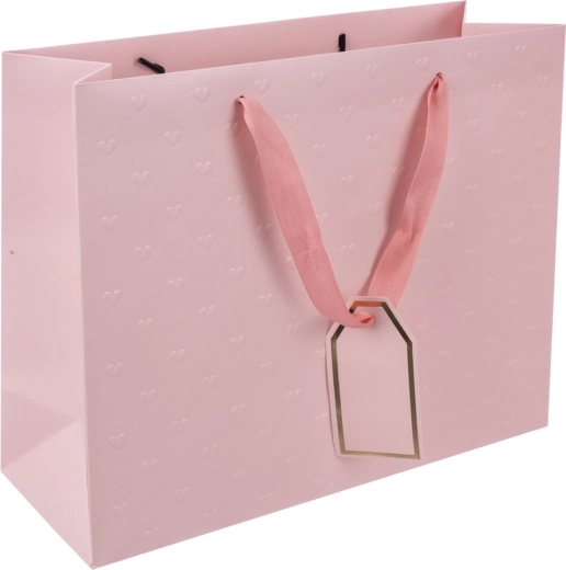 Pink gift paper bag with embossed hearts 31 × 12 × 26 cm