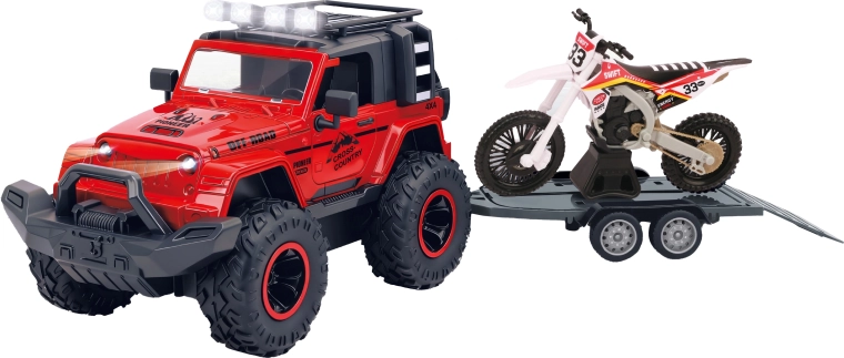 Maastikuauto haagise ja mootorrattaga valgus- ja heliefektidega 43 cm