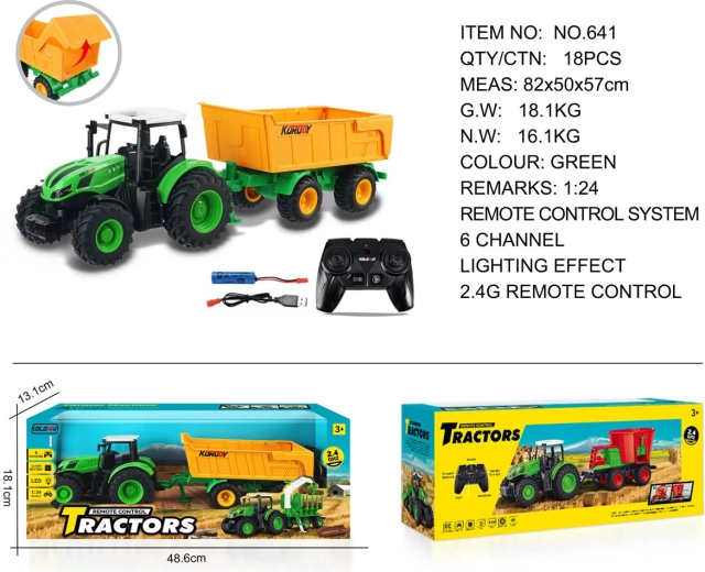 Remote-controlled tractor with opening yellow trailer 1:24