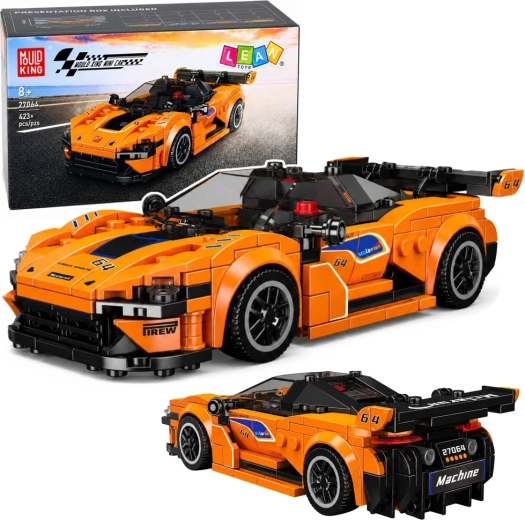 Construction building set: orange sports car with display case (423 pieces)