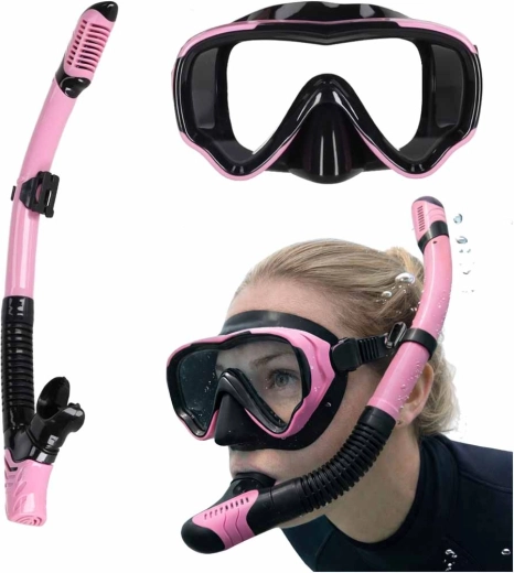 Roosa-must snorkeldamiskomplekt panoraammaski ja kuiva snorkliga
