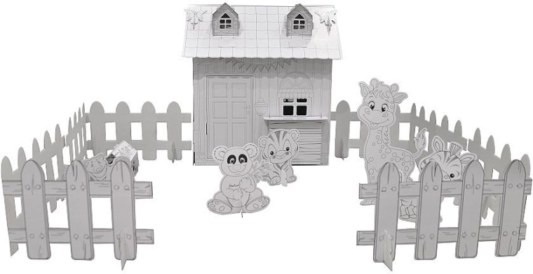 Color-in cardboard house with animals