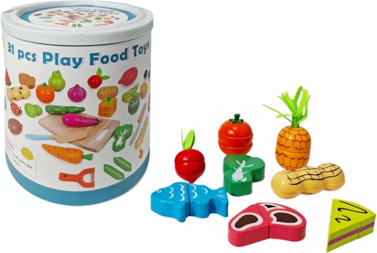 Wooden fruit and vegetables for cutting in a bucket
