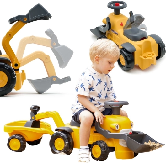 FALK KOMATSU ride-on with front loader, rear excavator and trailer