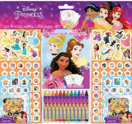 Disney printsesside kleepsukomplekt värvimislehtede ja vahakriitidega (500 tk)