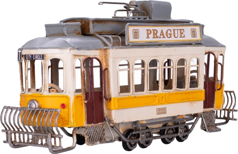 Kollane metallist trammimudel Prague 27,5 cm – dekoratsioon ja kollektsioneeritav mudel