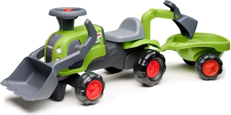 FALK CLAAS lükatava traktor esilaaduri, tagumise ekskavaatori ja haagisega