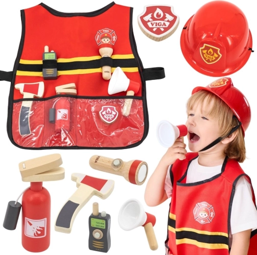 VIGA firefighter costume for kids with vest and wooden accessories, 8 pieces