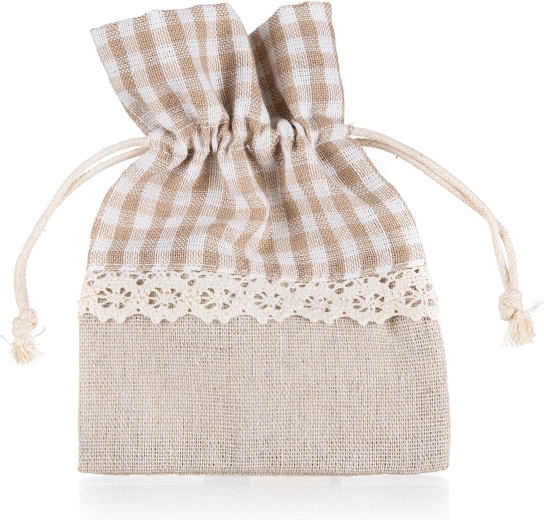 Decorative cotton pouch with light brown-beige check 10 × 13 cm