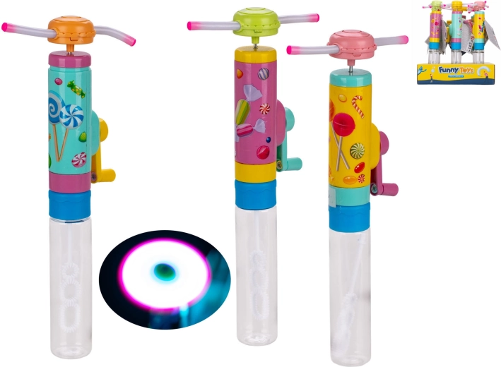 Battery-powered bubble maker with propeller and light