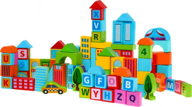 Puidust ehitusklotsid Linn 100 osa lastele 3+