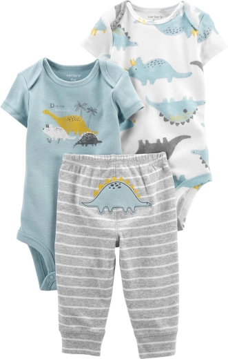 Carter’s 3-piece baby set Blue Dino – 2× short-sleeve bodysuits and sweatpants