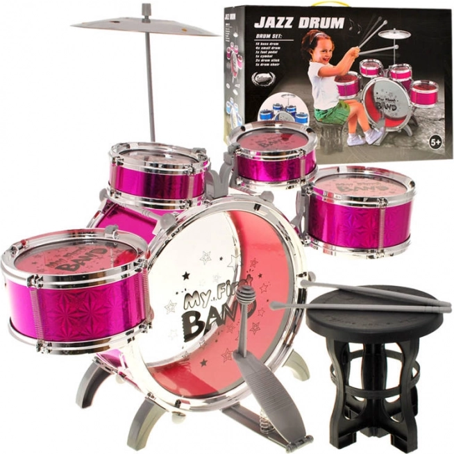 Laste 5-osaline trummikomplekt koos tooliga – Roosa