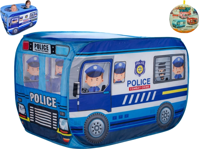 Children’s fabric play tent shaped like a police car
