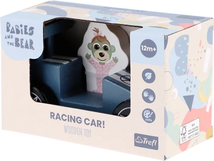 Blue wooden racing car with Bobaska figurine