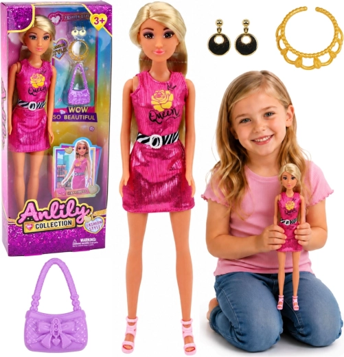 Anlily fashion doll in a pink dress with handbag and jewelry, 30 cm