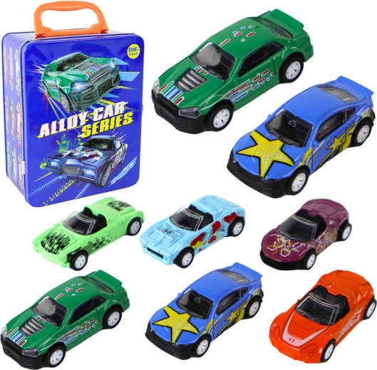 Set of friction-powered toy cars in a metal briefcase - 6 pcs