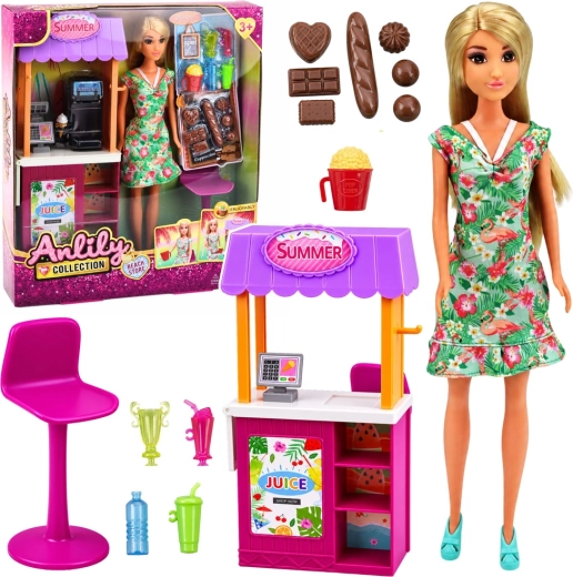Anlily doll sales clerk with a drink and snack stand, 30 cm