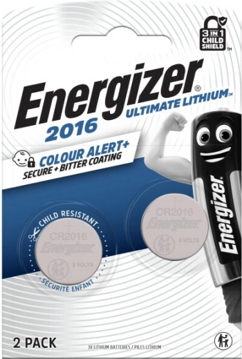 Energizer Ultimate Lithium button batteries CR2016, 2 pcs with Color Alert technology