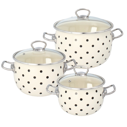 Komplekt 3 emailitud potti kaantega, valged täpid 2,5 l, 3,5 l, 5 l
