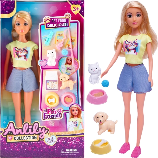 Doll with Cat, Dog, and Feeding Bowls