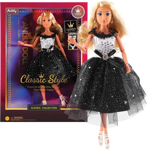 Fashion doll in black-and-white evening dress