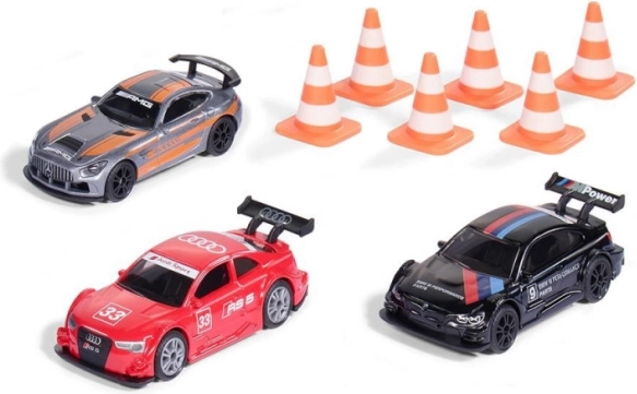 SIKU võidusõiduautode kinkekomplekt – Mercedes‑AMG GT4, AUDI RS 5 Racing ja BMW M4 Racing koos koonustega