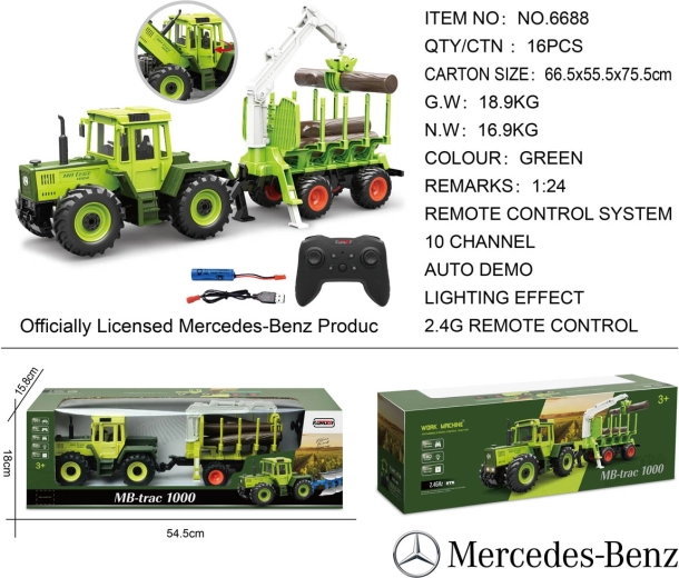 Roheline Mercedes-Benzi RC-traktor puiduhaagise ja kraanaga, mõõtkavas 1:24