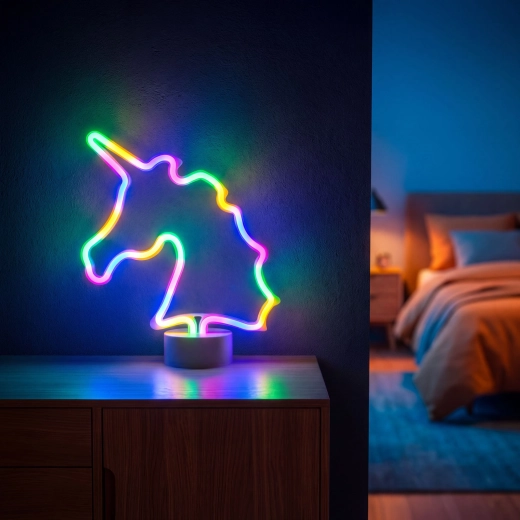 Värviline neoon-LED-lamp ükssarviku kujuga