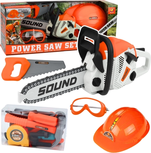 Laste tööriistakomplekt mootorsaega, kiivri ja prillidega, heliefektidega