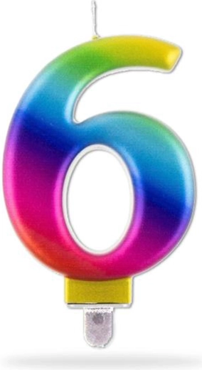 Rainbow birthday candle number 6 for cake, 7.5 cm