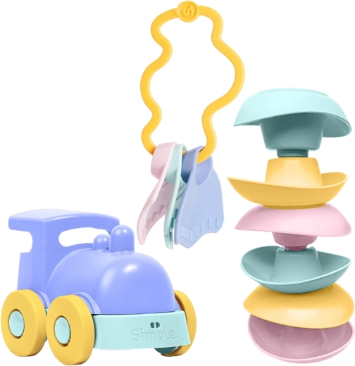 Simple. baby toy set – blue locomotive, stacking boats and rattle teether