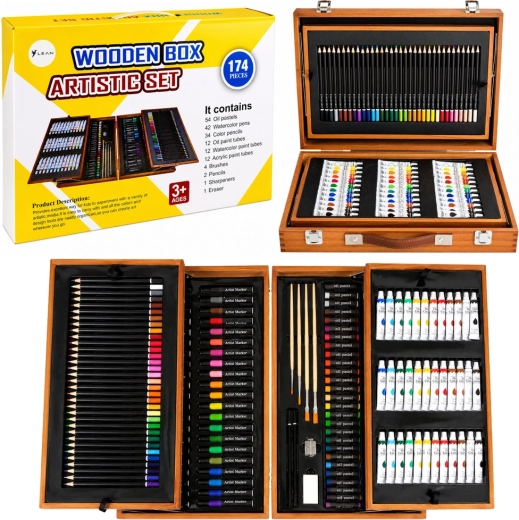 Large art set in a wooden case for painting and drawing – 174 pcs