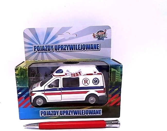 White metal ambulance with lights and sound, 14 cm